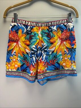 100% Rayon Multicolor Tropical Floral Shorts - Blue, Yellow, Orange